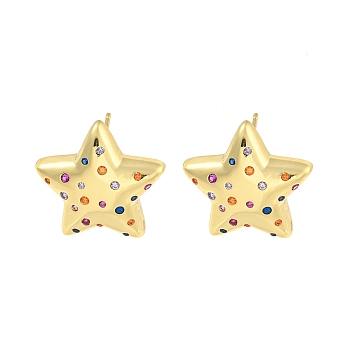 Rack Plating Brass Micro Pave Clear Cubic Zirconia Stud Earring, Cadmium Free & Lead Free, Long-Lasting Plated, Star, Real 18K Gold Plated, 21x21mm