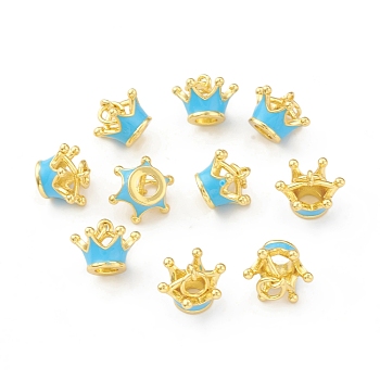 Eco-Friendly Brass Enamel Pendants, with Jump Ring, Lead Free & Cadmium Free, Real 18K Gold Plated, Crown Charm, Sky Blue, 9x12x12mm, Hole: 3.5mm
