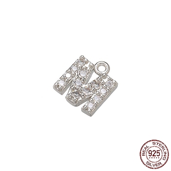 Real Platinum Plated Rhodium Plated 925 Sterling Silver Micro Pave Clear Cubic Zirconia Charms, Initial Letter, Letter M, 8x7x1.5mm, Hole: 0.9mm