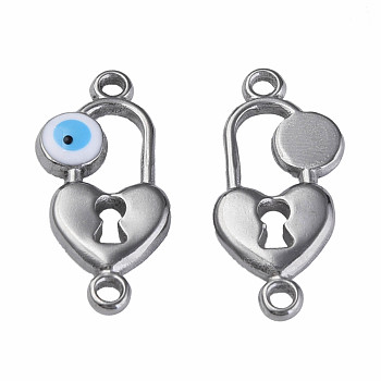 304 Stainless Steel Enamel Connector Charms, Stainless Steel Color, Heart-Shaped Lock with Evil Eye, White, 23x11x3mm, Hole: 1.5mm
