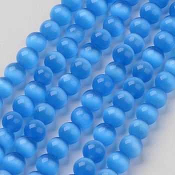 Cat Eye Beads, Round, Deep Sky Blue, 6mm, Hole: 1mm, about 66pcs/strand, 15.5 inch