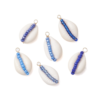 6Pcs 6 Styles Natural Cowrie Shell & Glass Seed Beads Pendants, Shell Shaped Charms, Royal Blue, 29x16x10mm, Hole: 2mm, 1pc/style