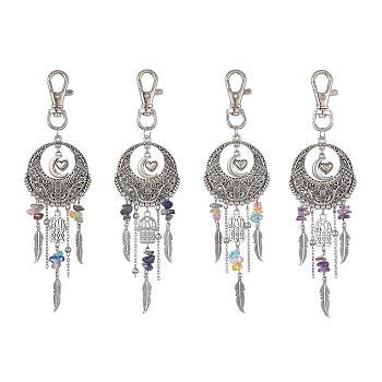 Tibetan Style Alloy Flat Round with Feather Pendants Decorations, with Gemstone Chips and Alloy Swivel Lobster Claw Clasps, Hamsa Hand/Hand of Miriam, 152mm