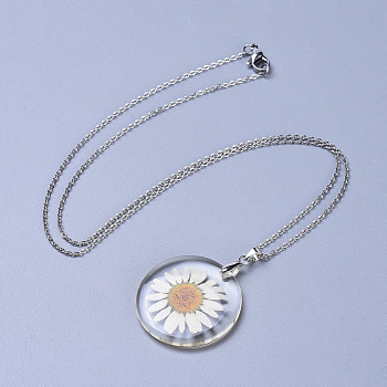 Alloy Resin Dried Flower Pendant Necklaces, with 304 Stainless Steel Cable Chains and Lobster Claw Clasps, Stainless Steel Color, Floral White, 21.3 inch(54cm)
