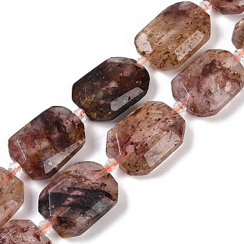 Natural Red Hematoid Quartz/Ferruginous Quartz Beads Strands, Faceted, Rectangle, with Seed Beads, 21~22x15~17x7~8mm, Hole: 1mm, about 16~20pcs/strand, 15.35~15.75''(39~40cm)