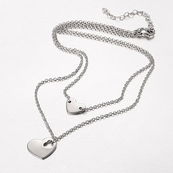 Two Tier Stainless Steel Necklaces, with Heart Findings and Lobster Claw Clasps, Stainless Steel Color, 15.3 inch(39cm)