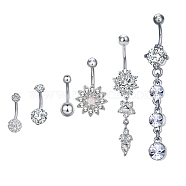 Brass Piercing Jewelry, Belly Rings, with Glass Rhinestone, Mixed Shapes, Platinum, 21~64mm, bar: 15 Gauge(1.5mm), 6pcs/set, bar length: 3/8"(10mm)~9/16"(14mm)(AJEW-EE0006-82P)