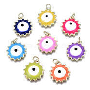 Brass Enamel Pendants, with Jump Ring, Cadmium Free & Nickel Free & Lead Free, Sun with Evil Eye, Real 16K Gold Plated, Mixed Color, 18.5x16.5x4.5mm, Jump Ring: 5x0.7mm, 3.6mm Inner Diameter(KK-S362-016-NR)