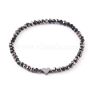 Electroplate Faceted Round Glass Beaded Bracelets, with Brass Heart Beads, Black, Inner Diameter: 2-3/8 inch(6.1cm)(BJEW-JB06125-03)