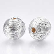 Wood Beads Covered with Polyester Cord Wire, Round, Silver, 14~15x13~14mm, Hole: 2~3mm(X-WOVE-S117-14mm-06)