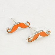 Fashion Moustache Ear Studs, Alloy Enamel Earrings, with Iron Pins and Plastic Ear Nuts, Platinum Metal Color, Dark Orange, about 13mm long, Pin: 0.7mm(X-EJEW-G093-2E)