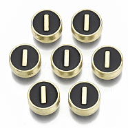 Alloy Enamel Beads, Cadmium Free & Nickel Free & Lead Free, Flat Round with Initial Letters, Light Gold, Letter.I, 8x4mm, Hole: 1.5mm(X-ENAM-S122-028I-NR)