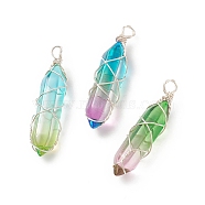 Glass Pendants, Wire Wrapped Pendants, with Brass Findings, Bullet, Silver, Mixed Color, 42x10x10mm, Hole: 2.5mm(PALLOY-JF01741-02)