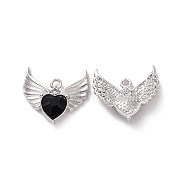 Rack Plating Alloy Glass Pendants, Cadmium Free & Lead Free & Nickle Free, Platinum, Faceted Heart Charm with Wing, Black, 20x22x4mm, Hole: 1.8mm(FIND-I037-09P-01)