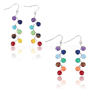 2 Pairs 2 Style Dyed Natural & Synthetic Mixed Gemstone Round Beaded Dangle Earrings, 316 Stainless Steel Cluster Long Drop Earrings for Women, 60~66mm, Pin: 0.5mm, 1 Pair/style(EJEW-AN0002-78)