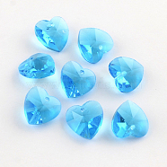 Faceted Heart Transparent Glass Charm Pendants, Deep Sky Blue, 10x10x5mm, Hole: 1mm(X-GLAA-S054-07)