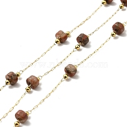 Ion Plating(IP) 316 Surgical Stainless Steel Paperclip Chains, with Natural Red Jasper Column Beads, Soldered, Real 18K Gold Plated, with Spool, Link: 2.5x1x0.3mm(CHS-I019-12K)