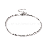 304 Stainless Steel Rope Chain Bracelet for Men Women, Stainless Steel Color, 9-1/8~9-1/4 inch(23.3~23.6cm)(BJEW-E031-12P-01)