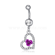 Piercing Jewelry, Brass Cubic Zirconia Navel Ring, Belly Rings, with Stainless Steel Findings, Lead Free & Cadmium Free, Heart with Flower, Magenta, Platinum, 47x15mm(AJEW-EE0002-05P)