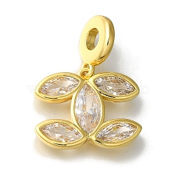 Leaf Rack Plating Brass Micro Pave Clear Cubic Zirconia Pendant, Lead Free & Cadmium Free, Long-Lasting Plated, Golden, 19.5x16x3mm, Hole: 4mm(KK-H485-08G)