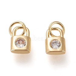 Brass Cubic Zirconia Charms, with Jump Rings, Long-Lasting Plated, Lock, Clear, Real 18K Gold Plated, 8.5x6x2.5mm, Jump Ring: 5x0.8mm, 3.4mm Inner Diameter(ZIRC-L098-013G)