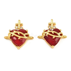 Brass Pave Cubic Zirconia Connector Charms, Thorn Wrapped Sacred Heart Links, with Faceted Glass, Long-Lasting Plated, Rack Plating, Cadmium Free & Lead Free, Golden, 17x17x8mm, Hole: 1.8mm(CU-CBA3D67-01G)