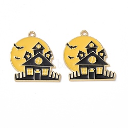 Halloween Theme Alloy Enamel Pendants, Light Gold, Haunted House, Black, 30x29.5x1mm, Hole: 2mm(FIND-E024-05LG)