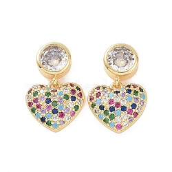 Colorful Cubic Zirconia Heart Dangle Earrings, Brass Jewelry for Women, Golden, 19.5mm, Pin: 0.7mm(EJEW-P224-02G)