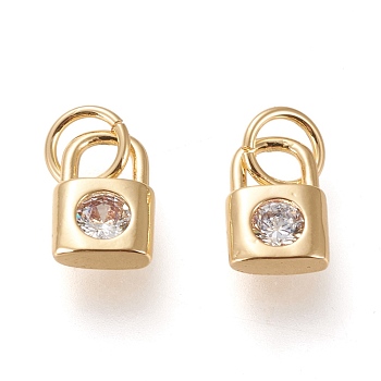 Brass Cubic Zirconia Charms, with Jump Rings, Long-Lasting Plated, Lock, Clear, Real 18K Gold Plated, 8.5x6x2.5mm, Jump Ring: 5x0.8mm, 3.4mm Inner Diameter