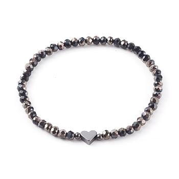 Electroplate Faceted Round Glass Beaded Bracelets, with Brass Heart Beads, Black, Inner Diameter: 2-3/8 inch(6.1cm)
