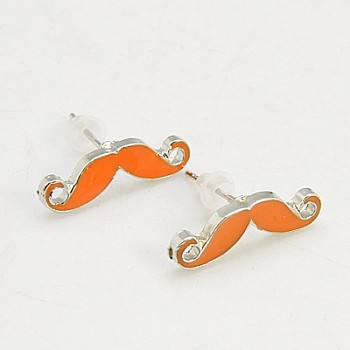 Fashion Moustache Ear Studs, Alloy Enamel Earrings, with Iron Pins and Plastic Ear Nuts, Platinum Metal Color, Dark Orange, about 13mm long, Pin: 0.7mm