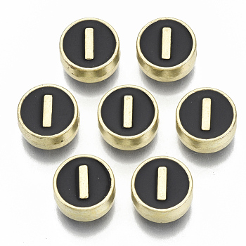 Alloy Enamel Beads, Cadmium Free & Nickel Free & Lead Free, Flat Round with Initial Letters, Light Gold, Letter.I, 8x4mm, Hole: 1.5mm