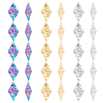 30Pcs 3 Colors 304 Stainless Steel Pendant, Textured Charms, Rhombus, Mixed Color, 32.5x18x1mm, Hole: 1.6mm, 10pcs/color