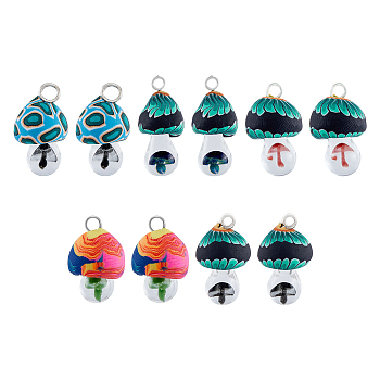 8Pcs 4 Colors Handmade Polymer Clay Pendants, with Lampwork and Platinum Plated Iron Loop, Mushroom, Mixed Color, 24~29x15~17mm, Hole: 2~3mm, 2pcs/color