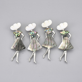 Shell Brooches/Pendants, with Alloy Findings and Resin Bottom, Woman, Platinum, Black, 85x31x12mm, Hole: 9x5.5mm, Pin: 0.6mm