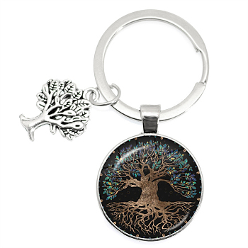 Glass Keychains, Flat Round with Tree of Life Charms, 6.2cm