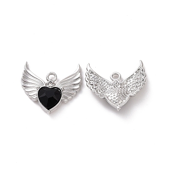 Rack Plating Alloy Glass Pendants, Cadmium Free & Lead Free & Nickle Free, Platinum, Faceted Heart Charm with Wing, Black, 20x22x4mm, Hole: 1.8mm