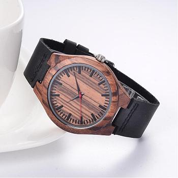Leather Wristwatches, with Wooden Watch Head and Alloy Findings, Black, 255x28x2mm, Watch Head: 52x48x11mm, Watch Face: 37mm
