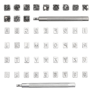 2 Sets 2 Style Alphabet & Number & Constellation Pattern Zinc Alloy Stamps, with Stainless Steel Handle, for Imprinting Metal, Plastic, Wood, Gunmetal & Stainless Steel Color, Stamp Head: 1~1.05x0.8~1.05x1.3~1.35cm