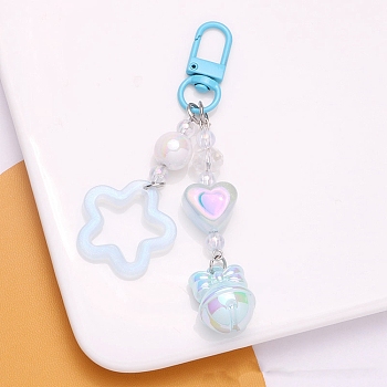 Cute Acrylic Star and Bell Shape Pendant Keychain, with Clasp, Deep Sky Blue, Pendant: 76x30x18mm