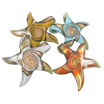 Handmade Lampwork Pendants, Mixed Color, Starfish/Sea Stars, about 56mm wide, 51mm long, hole: 7mm