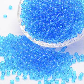 12/0 Glass Seed Beads, Grade A, Round, Transparent Colours, Dodger Blue, 1.8~2.0mm, Hole: 0.8mm, about 28000pcs/pound