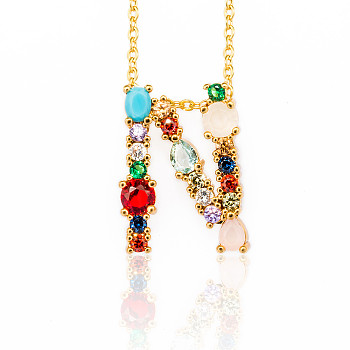 Golden Brass Micro Pave Cubic Zirconia Initial Pendants Necklaces, with Cable Chains, Colorful, Letter, Letter.N, 17.9~18.1 inch(45.5~46cm)x1.5mm, LetterN: 20x15x6mm