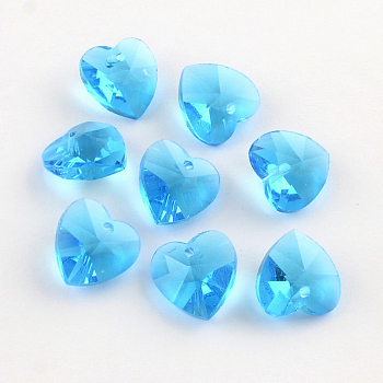 Faceted Heart Transparent Glass Charm Pendants, Deep Sky Blue, 10x10x5mm, Hole: 1mm