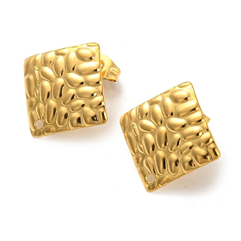 304 Stainless Steel Stud Earring Findings, Textured Rhombus, Real 18K Gold Plated, 19x19mm, Hole: 1.2mm, Pin: 0.8mm