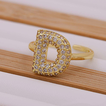 Brass Micro Pave Clear Cubic Zirconia Initial Cuff Rings, Golden, Letter D, Inner Diameter: Adjustable