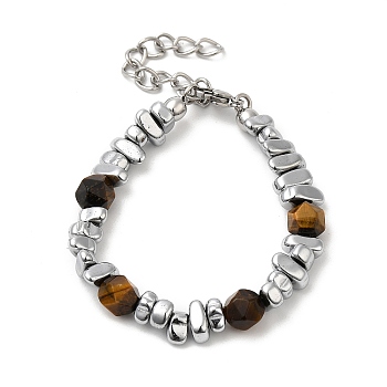 Natural Tiger Eye & Titanium Steel Nugget Beaded Bracelets, Stainless Steel Color, 5-7/8 inch(15cm)
