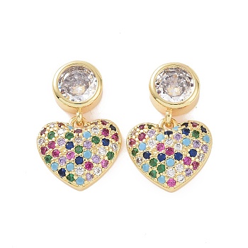 Colorful Cubic Zirconia Heart Dangle Earrings, Brass Jewelry for Women, Golden, 19.5mm, Pin: 0.7mm
