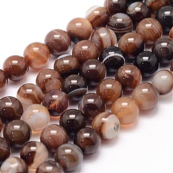 Natural Striped Agate/Banded Agate Bead Strands, Round, Dyed & Heated, Coffee, 8mm, Hole: 1mm, about 47~48pcs/strand, 14.5 inch