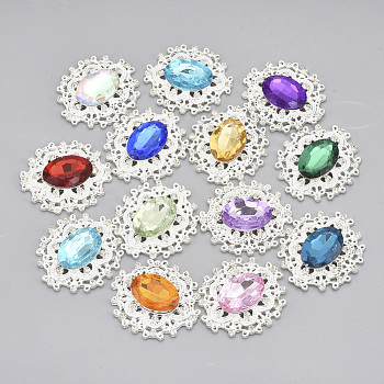 Alloy Cabochons, with Acrylic Rhinestone and Glass Rhinestone, Faceted, Flower, Silver, Mixed Color, 32.5x29x6mm
